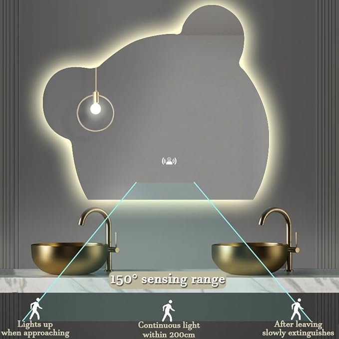 LTSRLL LED Vanity Mirror Cute Bear Decorative Mirror for Bathroom & Dressing Tabler Backlight Wall Mirror with 3 Color Dimmable Light Demister Pad Human Body Sensor Switch(Cut Right,80cmx95cm)