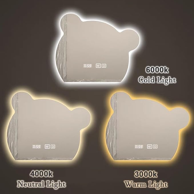 LTSRLL LED Vanity Mirror Cute Bear Decorative Mirror for Bathroom & Dressing Tabler Backlight Wall Mirror with 3 Color Dimmable Light Demister Pad Human Body Sensor Switch(Cut Down,60cmx75cm)
