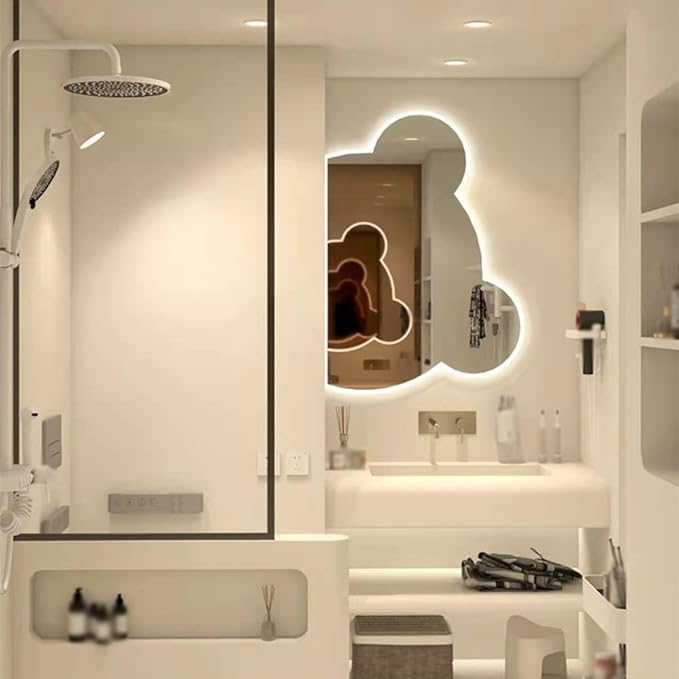 LTSRLL LED Vanity Mirror Cute Bear Decorative Mirror for Bathroom & Dressing Tabler Backlight Wall Mirror with 3 Color Dimmable Light Demister Pad Human Body Sensor Switch(Cut Left,80cmx95cm)
