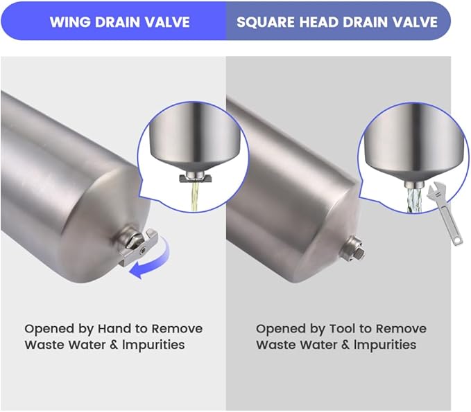Amwater NSF/ANSI 42 Certification Stainless Steel Filter Housing for 10" Filter Cartridge, 1" NPT Water Filter Housing, Drain Valve Style C (Square Head)