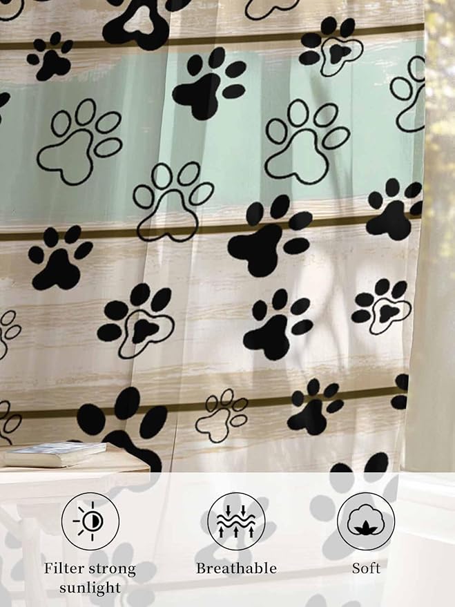 Sheer Curtains 63 Inch Length, Sage Green Beige Farmhouse Semi Sheer Curtains Light Filtering Window Treatment, Black Dog Paw Vintage Wooden Privacy Voile Drapes for Living Room Bedroom 52x63 Inch