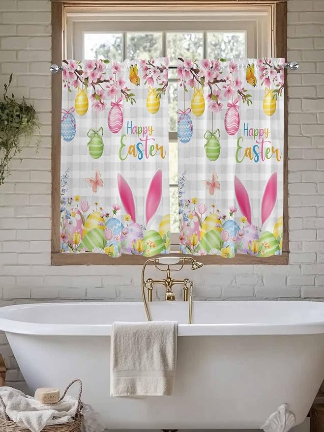 Happy Easter Tier Curtains 45 Inches Long, Spring Watercolor Bunny Eggs Flower Grey Plaid Window Treatment Curtain Drapes, Window Half Privacy Curtains for Bedroom Bathroom, 42"x45", 2 Panels