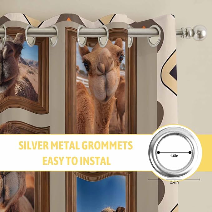 2 Panel Kitchen Cafe Curtains, Desert Camels Sunlight Filtering Nature Air Through, Home Decor Window Covering Tier Curtains for Living Room 80W x 63L inch Western Wildlife Brown Animals Country