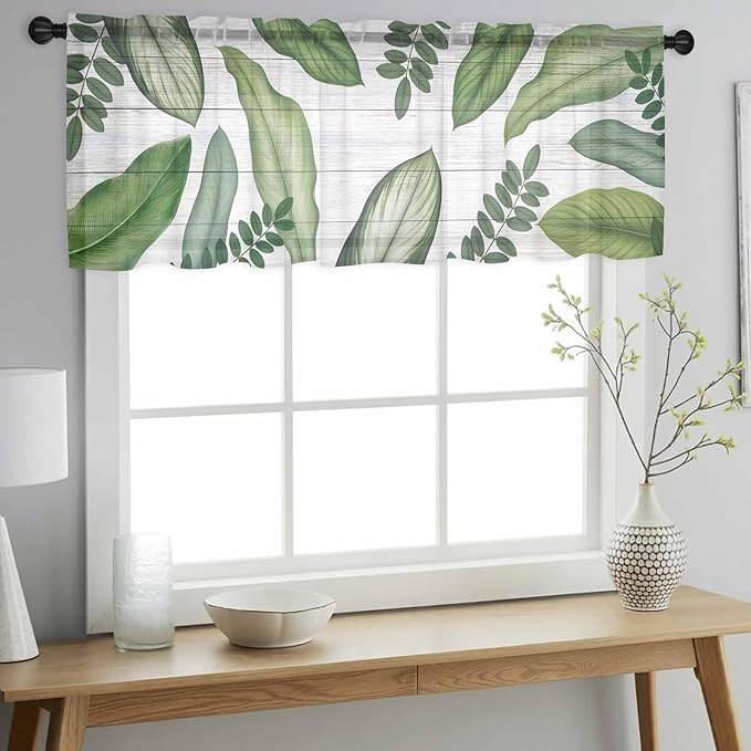 Summer Palm Leaf Sheer Valance Curtains, Green Tropical Plants Nature Leaves Wood Grain Light Filtering Kitchen Valances Rod Pocket Voile Curtain Treatment for Bedroom/Living Room/Basement 42Wx12L