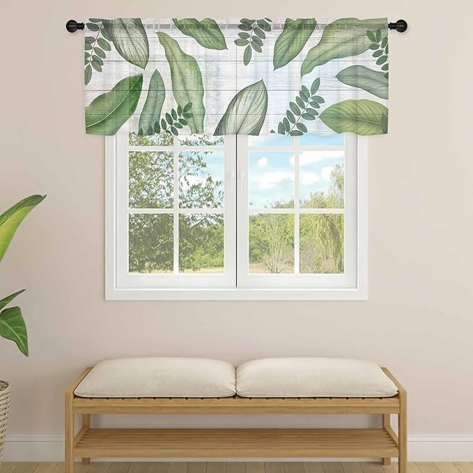 Summer Palm Leaf Sheer Valance Curtains, Green Tropical Plants Nature Leaves Wood Grain Light Filtering Kitchen Valances Rod Pocket Voile Curtain Treatment for Bedroom/Living Room/Basement 42Wx12L