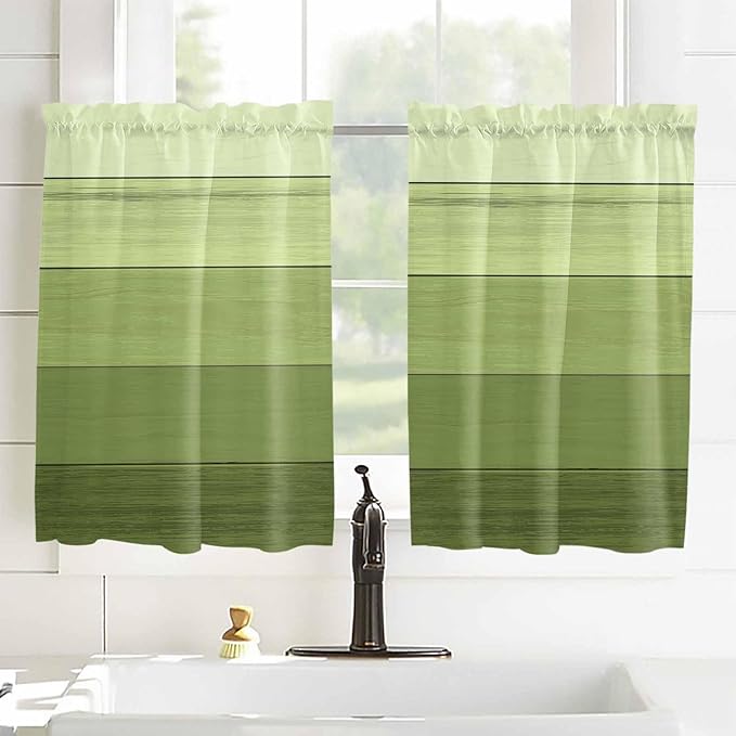 Gradient Green Wooden Board Window Valance Curtains, Retro Country Wood Grain Light Filtering Kitchen Valance with 3-inch Rod Pocket for Living Room Bathroom Bedroom,2 Panel,52x45In