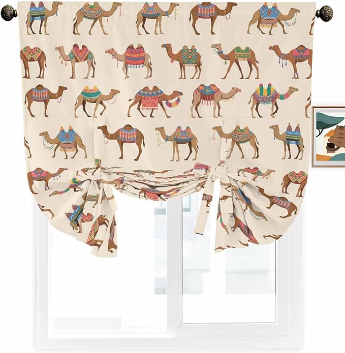 Tie Up Curtains for Windows, Summer Camels Adjustable Balloon Nature Linen Textured Kitchen Curtain, Farmhouse Retro Cartoon Desert Animals Tie Up Light Filtering Curtains for Decor, 34 x 45 In