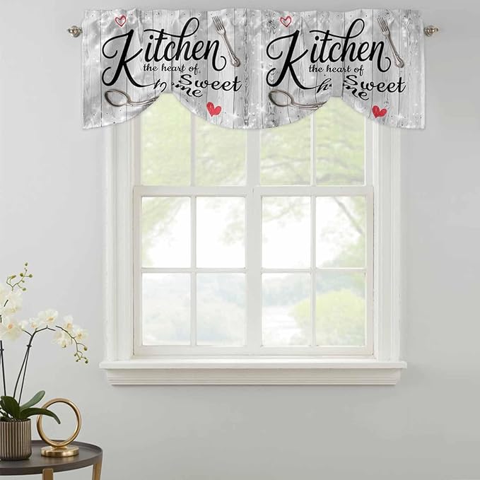 Kitchen Knife Fork Tie Up Valance Curtains for Windows, Kitchen Curtains Window Shades, Vintage Love Heart Grey Wood Grain Light Filtering Roman Curtain Valances for Bedroom/Bathroom/Cafe 42"x12"