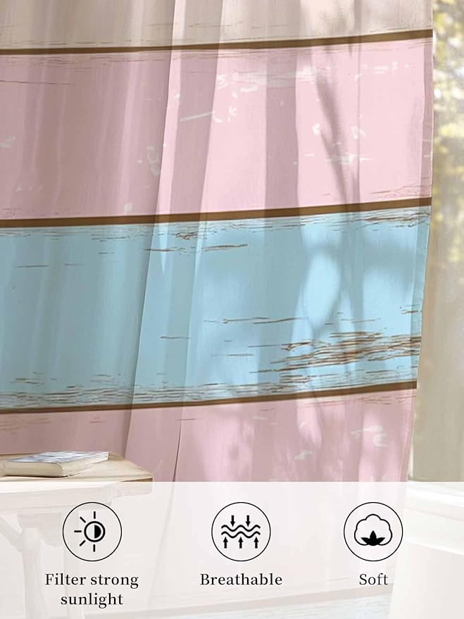Sheer Curtains 63 Inch Length, Pink Blue Wood Grain Semi Sheer Curtains Light Filtering Window Treatment, Farmhouse Country Shabby Striped Privacy Voile Drapes for Living Room Bedroom 52x63 Inch