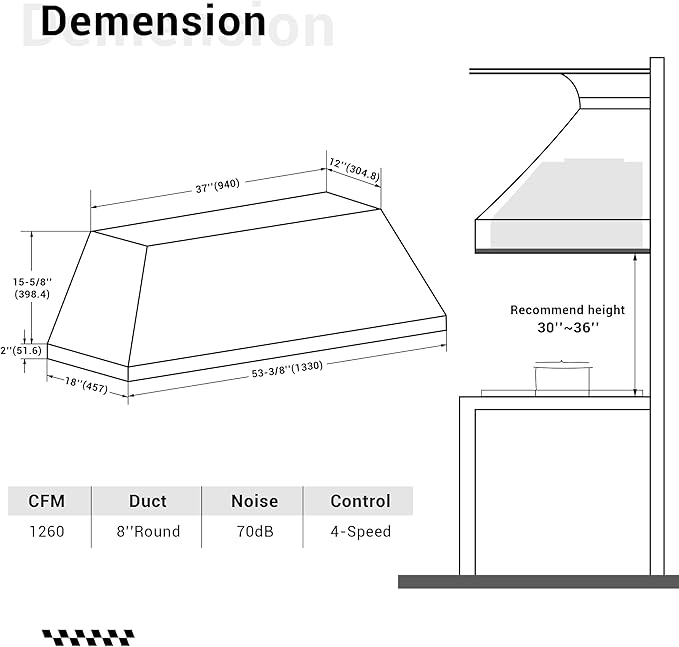 CHETTO C Stainless Steel Range Hood Cover with 4-Speed Vent Hood Insert Custom Handmade Metal Kitchen Fan with Towel Rack LED Light 54"W x27"D x45"H Black Island Mount