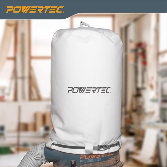 POWERTEC 70426 Dust Collector Bags and Clamp Set | 21" x 31" x 1 Micron Filter Upper Bag with 19-1/8 Inch Band Clamp and 5pc Clear Plastic Dust Collection Bags 20" x 43"