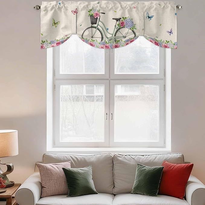 Farmhouse Spring Tie Up Valance Curtains for Windows, Kitchen Curtains Window Shades, Retro Bicycles Flowers Vines Butterfly Light Filtering Roman Curtain Valances for Bedroom/Bathroom/Cafe 60"x18"