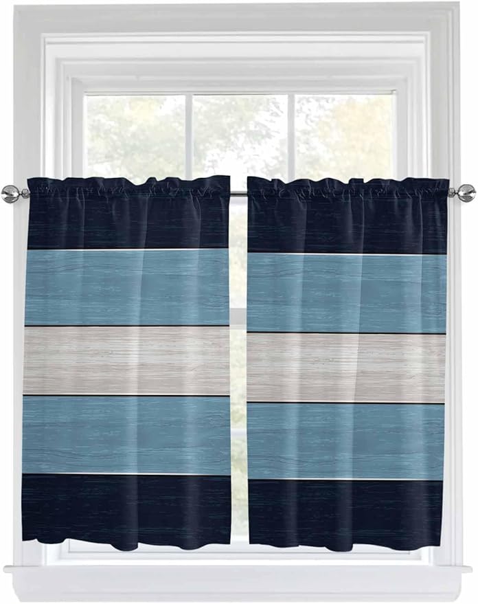Vintage Country Woodcuts Window Valance Curtains, Blue Gradient Striped Light Filtering Kitchen Valance with 3-inch Rod Pocket for Living Room Bathroom Bedroom,2 Panel,42x54In