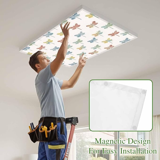 Fluorescent Light Covers for Ceiling Lights Watercolor Dragonfly Magnetic Light Filters 1 Pack 4x2 ft Colorful Linen Ceiling Lights Cover for Classroom Office School Home Drop Lamp Decor