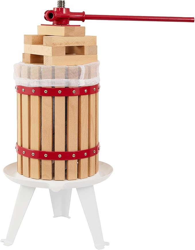 CAELUM Fruit Wine Press, 1.6 Gallon Wood Fruit and Cider Press Squeezer With T-Handle, Juice Maker, Wine Making Press Squeezer for Outdoor, Kitchen（Red）