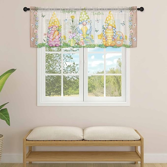 Easter Sheer Valances for Windows 54"x18", Light Filtering Kitchen Curtains Valance, Rustic Gnomes Duck Floral Colorful Eggs Wooden Grain Rod Pocket Chiffon Curtains for Living Room Bedroom Cafe