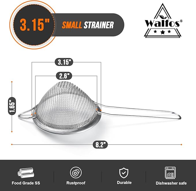 Walfos Small Fine Mesh Strainer for Cocktail & Tea, Mini Stainless Steel Sieve with Handle, 3.15 Inch Metal Strainers for Juicing, Coffee, Drinks, Tea Herbs