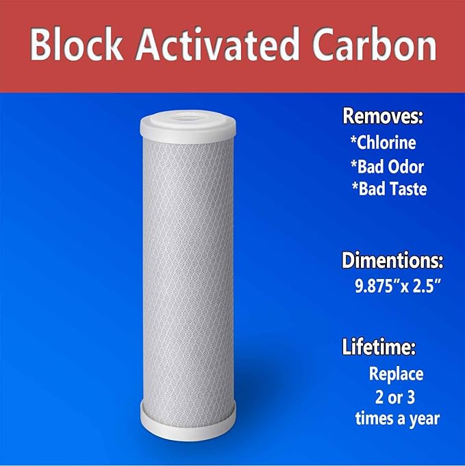 1 Standard Coconut Shell Block Carbon & 1 Four Layers of Filtration Polypropylene Sediment 5 Micron 2.5"x 10" Water Filter Cartridges Universal replacement for Reverse Osmosis & Standard 10” Housing