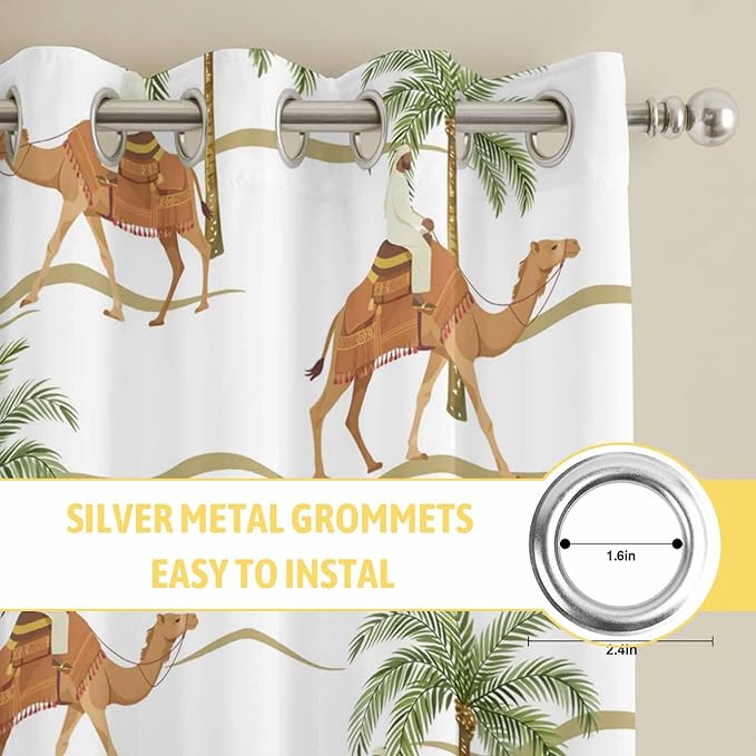 2 Panel Kitchen Cafe Curtains, Desert Camels Sunlight Filtering Nature Air Through, Home Decor Window Covering Tier Curtains for Bedroom Living Room 104W x 72L inch Tropical Date Palm Trees Animal