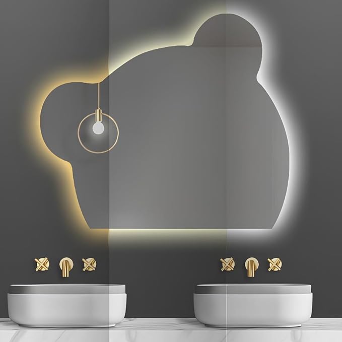 LTSRLL LED Vanity Mirror Cute Bear Decorative Mirror for Bathroom & Dressing Tabler Backlight Wall Mirror with 3 Color Dimmable Light Demister Pad Human Body Sensor Switch(Cut Right,70cmx85cm)