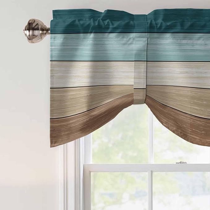Teal Brown Tie Up Valance Curtains for Windows, Kitchen Curtains Window Shades, Farmhouse Vintage Abstract Wooden Grain Light Filtering Roman Curtain Valances for Bedroom/Bathroom/Cafe 54"x18"