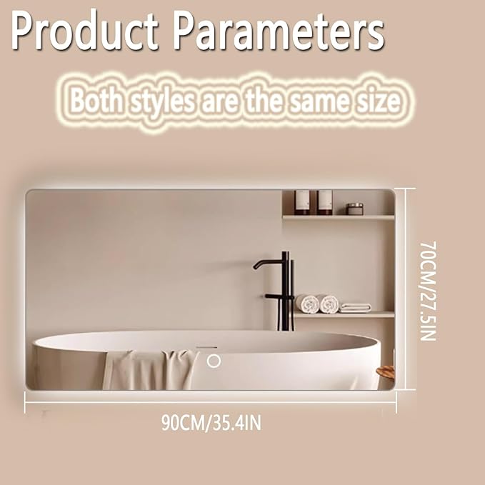 Backlit LED Illuminated Bathroom Mirror with LED Lights, Lighted Bathroom Makeup Wall Mounted Mirror with Demister Pad, Sensor Touch Switch, Horizontal/Vertical(A,H70*W90CM/H27.5*W35.4IN)