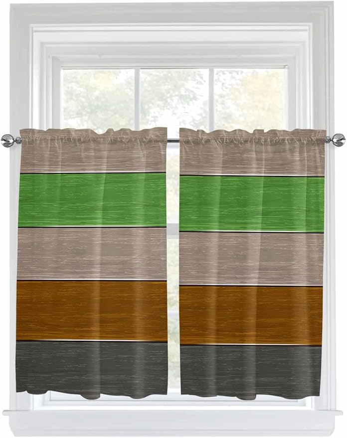 Farm Gray Green Brown Wood Grain Window Valance Curtains, Rustic Wooden Plank Light Filtering Kitchen Valance with 3-inch Rod Pocket for Living Room Bathroom Bedroom,2 Panel,42x54In
