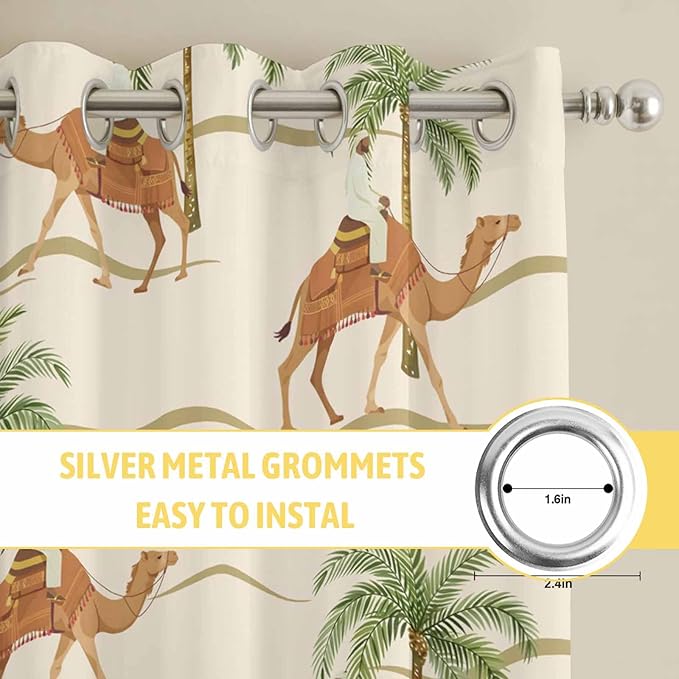 2 Panel Kitchen Cafe Curtains, Date Coconut Tree Sunlight Filtering Nature Air Through, Home Decor Window Covering Tier Curtains for Living Room 80W x 63L inch Desert Camels Botanical Tropical Beige