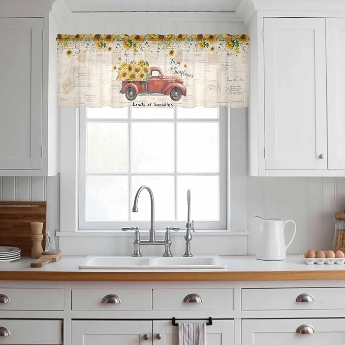Farmhouses Sunflowers Sheer Valance Curtains, Retro Floral Leaves Red Truck Vintage Light Filtering Kitchen Valances Rod Pocket Voile Curtain Window Treatment for Bedroom/Living Room/Basement 42Wx18L
