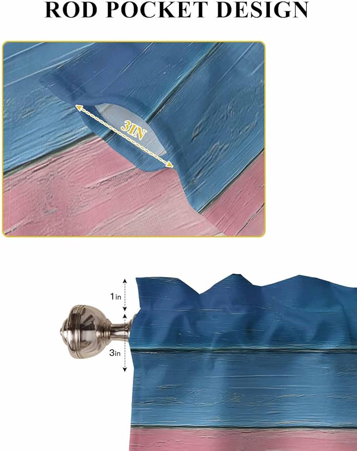 Blue Pink Brown Gradient Wood Grain Window Valance Curtains, Vintage Wood Board Light Filtering Kitchen Valance with 3-inch Rod Pocket for Living Room Bathroom Bedroom,2 Panel,52x72In