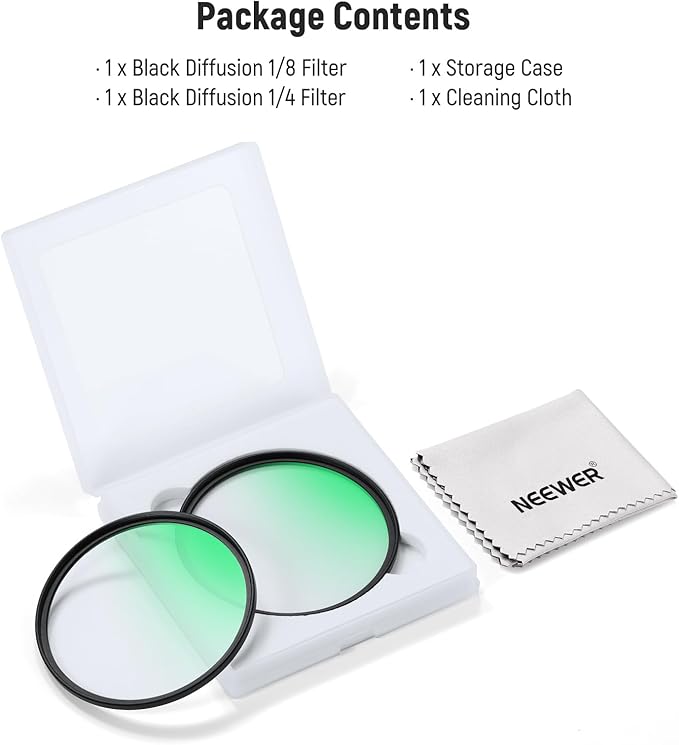 NEEWER 72mm 1/4 & 1/8 Black Diffusion Camera Lens Filter 2 Pack Set, Dreamy Cinematic Effect Filter Multicoated Glass Storage Case Cleaning Cloth, for Portrait Photography Video
