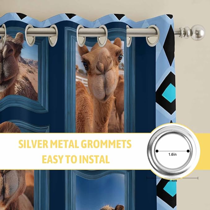2 Panel Kitchen Cafe Curtains, Desert Camels Sunlight Filtering Nature Air Through, Home Decor Window Covering Tier Curtains for Living Room 104W x 96L inch Wildlife Brown Animals Blue Geometric
