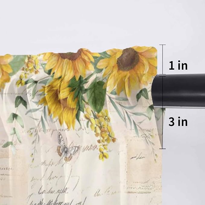 Farmhouses Sunflowers Sheer Valance Curtains, Retro Floral Leaves Red Truck Vintage Light Filtering Kitchen Valances Rod Pocket Voile Curtain Window Treatment for Bedroom/Living Room/Basement 42Wx18L