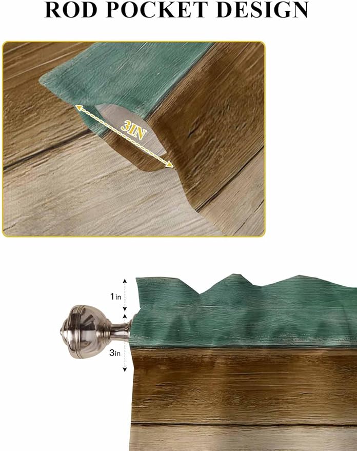 Vintage Plank Turquoise Brown Window Valance Curtains, Farmhouse Wood Grain Light Filtering Kitchen Valance with 3-inch Rod Pocket for Living Room Bathroom Bedroom,2 Panel,52x45In