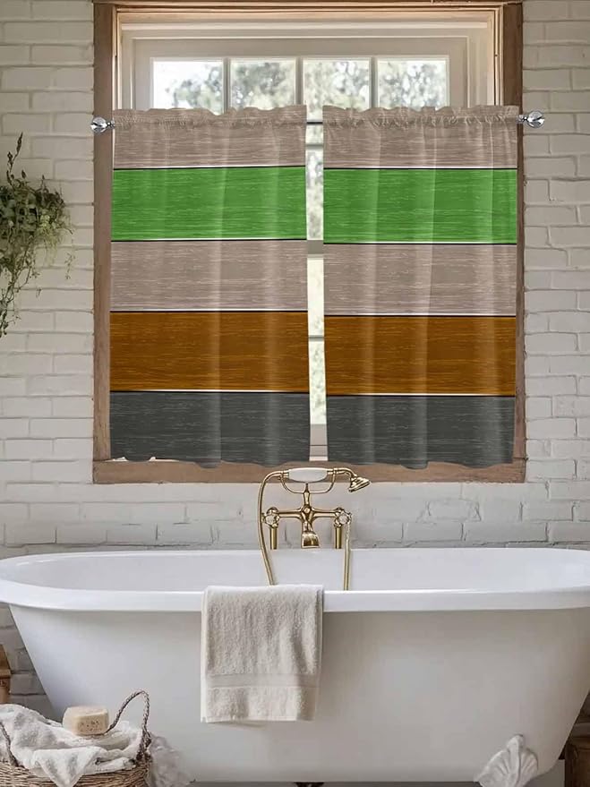 Farm Gray Green Brown Wood Grain Window Valance Curtains, Rustic Wooden Plank Light Filtering Kitchen Valance with 3-inch Rod Pocket for Living Room Bathroom Bedroom,2 Panel,42x54In