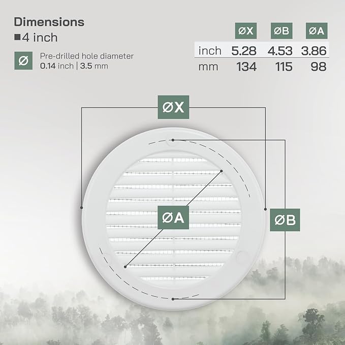 Vent Systems 4" Inch (Opening Dimensions) - Pack of 5 - White Soffit Vent Cover - Plastic Round Air Vent Grille - Built-in Mesh Screen - HVAC Register Louver for Bathroom, Home, Kitchen