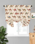 Tie Up Curtains for Windows, Summer Camels Adjustable Balloon Nature Linen Textured Kitchen Curtain, Farmhouse Retro Cartoon Desert Animals Tie Up Blackout Curtains for Bedroom, 52 x 63 Inches
