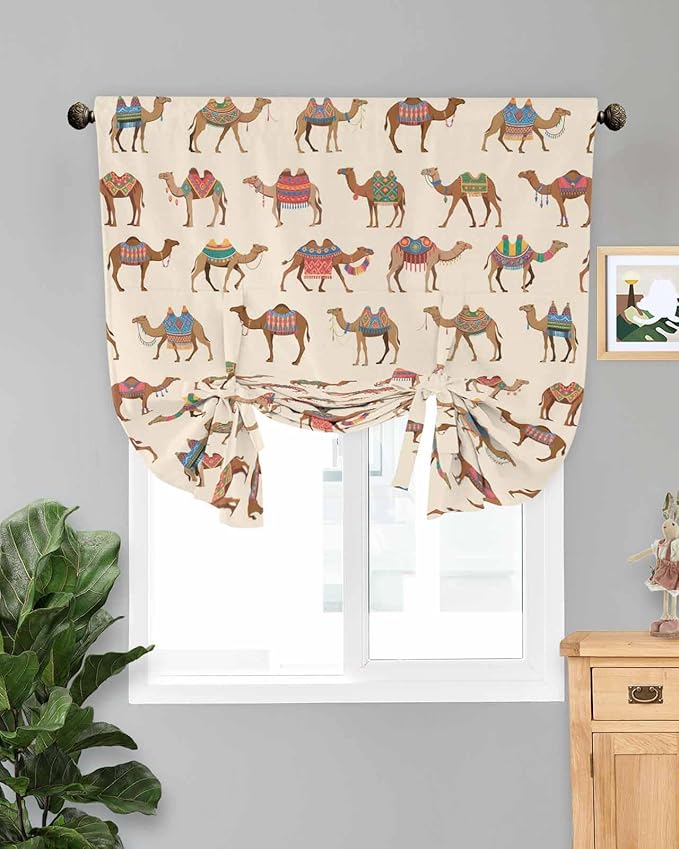 Tie Up Curtains for Windows, Summer Camels Adjustable Balloon Nature Linen Textured Kitchen Curtain, Farmhouse Retro Cartoon Desert Animals Decorative Tie Up Curtain for Window, 52" x 45"