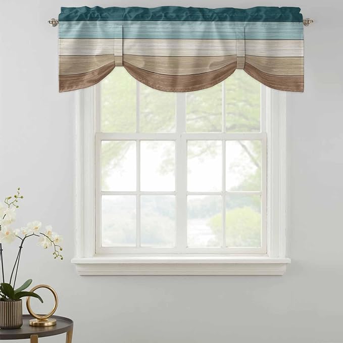 Teal Brown Tie Up Valance Curtains for Windows, Kitchen Curtains Window Shades, Farmhouse Vintage Abstract Wooden Grain Light Filtering Roman Curtain Valances for Bedroom/Bathroom/Cafe 42"x12"