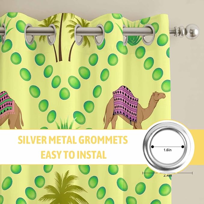 2 Panel Kitchen Cafe Curtains, Desert Sand Camels Sunlight Filtering Nature Air Through, Home Decor Window Covering Tier Curtains for Bedroom Living Room Palm Trees Tropical Plants Polka Dot Yellow