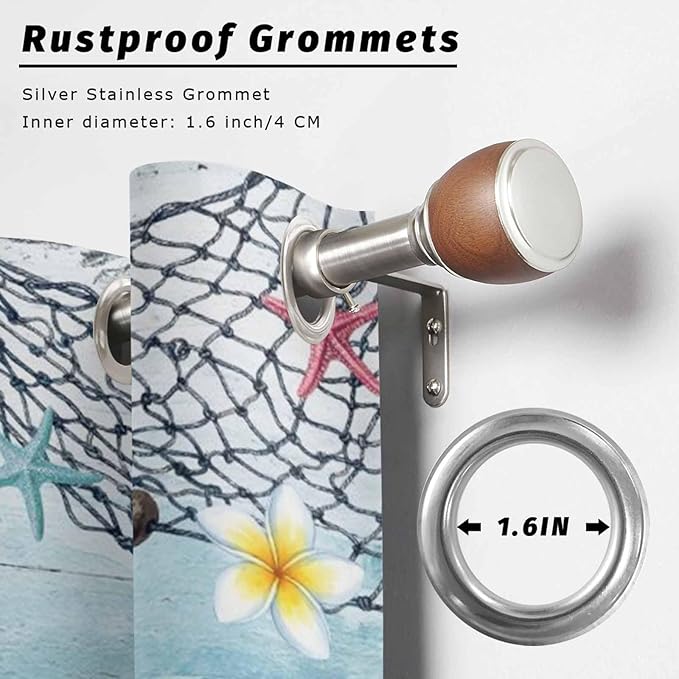 Ocean Gnome Outdoor Curtains for Patio Summer Marine Plumeria Shell Wood Blue Waterproof Outside Curtains with Grommet Top Weatherproof Curtain for Cabana Pergola Gazebo, 1 Panel, 54" W x 84" L