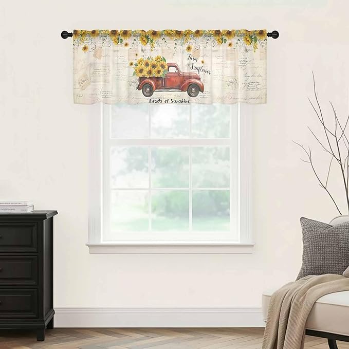 Farmhouses Sunflowers Sheer Valance Curtains, Retro Floral Leaves Red Truck Vintage Light Filtering Kitchen Valances Rod Pocket Voile Curtain Window Treatment for Bedroom/Living Room/Basement 54Wx18L