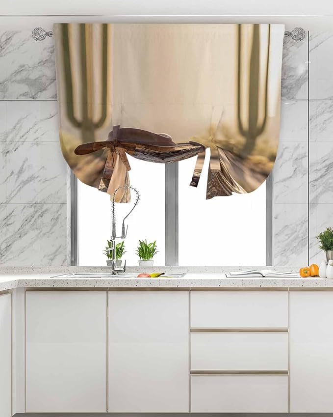 Tie Up Curtains for Windows, Cowboy Western Adjustable Balloon Nature Linen Textured Kitchen Curtain, Cowboy Hats Boots Desert Cacti Vintage Blackout Curtains for Living Room, 46 x 63 Inches