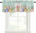 Easter Curtain Valances for Windows, Kitchen Valance Window Treatment, Spring Rabbit Ear Eggs Floral Green Wooden Grain Light Filtering Block Curtains for Bathroom/Bedroom/Living Room 42'' x 18''