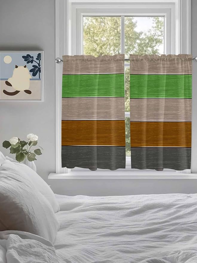 Farm Gray Green Brown Wood Grain Window Valance Curtains, Rustic Wooden Plank Light Filtering Kitchen Valance with 3-inch Rod Pocket for Living Room Bathroom Bedroom,2 Panel,42x54In