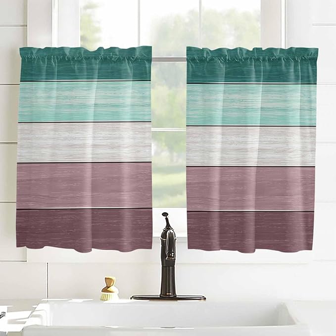 Retro Farm Woodcuts Texture Window Valance Curtains, Green Brown Gradient Light Filtering Kitchen Valance with 3-inch Rod Pocket for Living Room Bathroom Bedroom,2 Panel,52x54In
