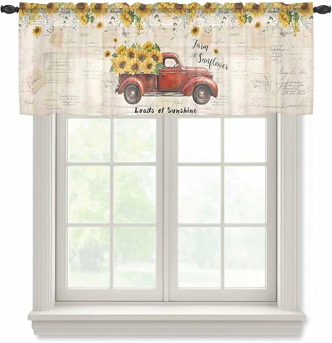 Farmhouses Sunflowers Sheer Valance Curtains, Retro Floral Leaves Red Truck Vintage Light Filtering Kitchen Valances Rod Pocket Voile Curtain Window Treatment for Bedroom/Living Room/Basement 42Wx18L