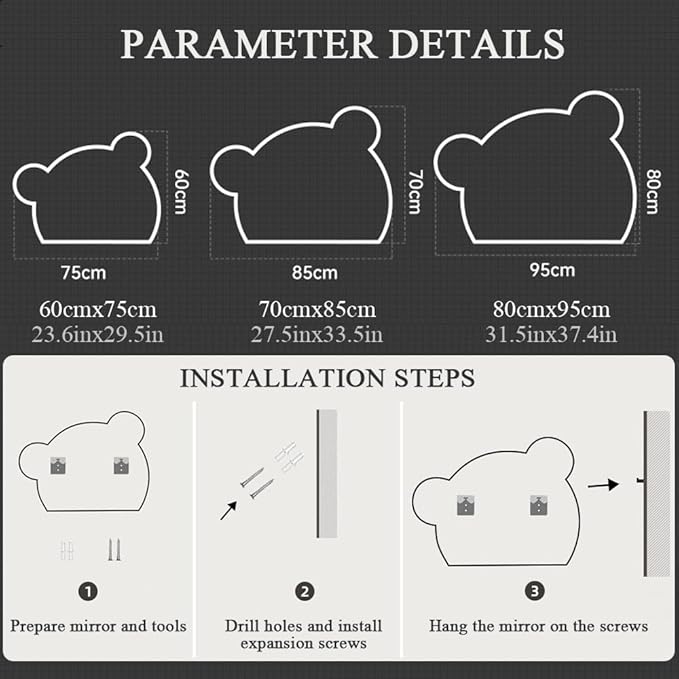 LTSRLL LED Vanity Mirror Cute Bear Decorative Mirror for Bathroom & Dressing Tabler Backlight Wall Mirror with 3 Color Dimmable Light Demister Pad Human Body Sensor Switch(Cut Left,70cmx85cm)