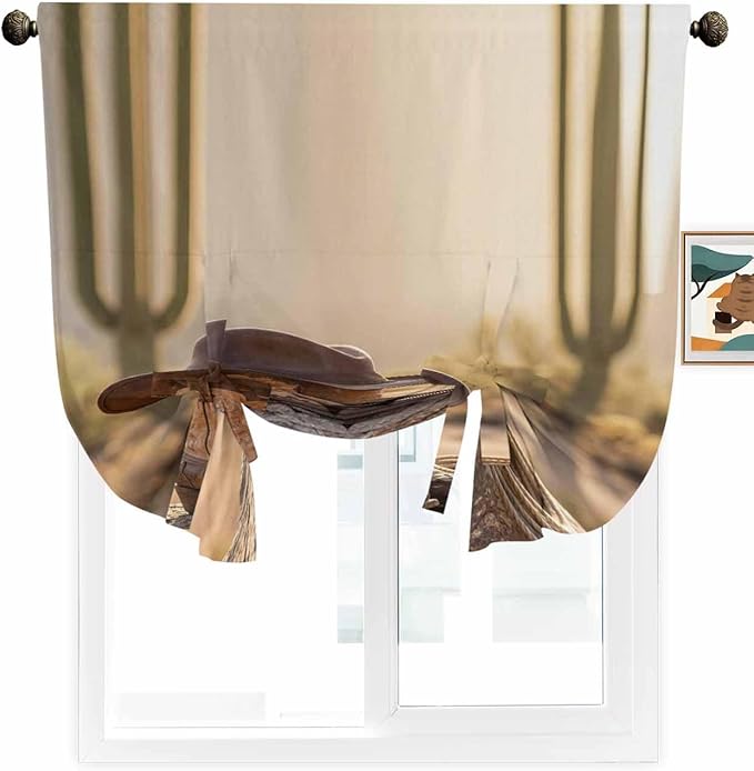 Tie Up Curtains for Windows, Cowboy Western Adjustable Balloon Nature Linen Textured Kitchen Curtain, Cowboy Hats Boots Desert Cacti Vintage Tie Up Blackout Curtains for Bedroom, 52 x 63 Inches