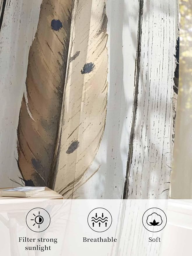 Sheer Curtains 84 Inches Long, Farmhouse Feather Semi Sheer Curtains Light Filtering Window Treatment, Watercolor Vintage Wooden Grain Privacy Voile Drapes for Living Room Bedroom 52x84 Inch